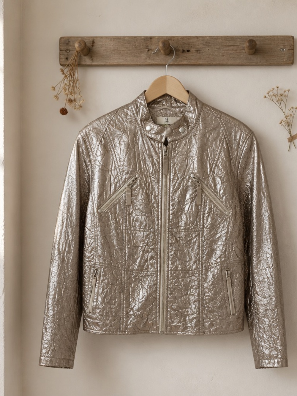 NESS Metallic Quilted Moto Jacket - Champagne